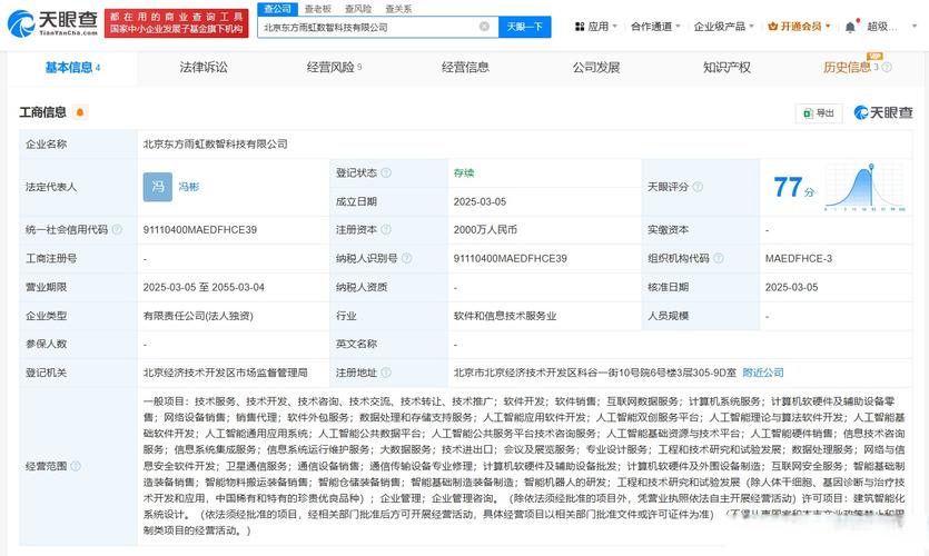 人为冯彬,注册资本2000万人民币,经营范围包括人工智能应用软件开发